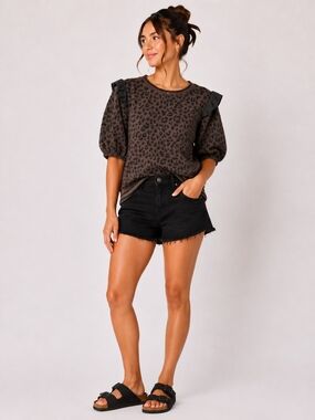 Bibi Brown/Black Leopard Print Puff Sleeve Top
